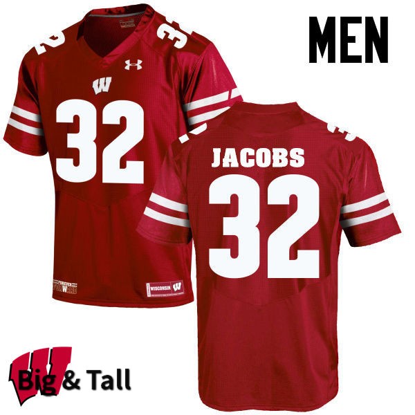 Wisconsin Badgers Men's #32 Leon Jacobs NCAA Under Armour Authentic Red Big & Tall College Stitched Football Jersey AT40J64WX